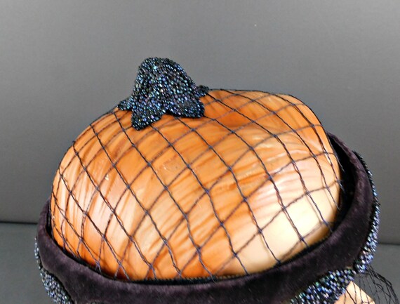 Vintage Blue Velvet Ring Hat with Netting and Bea… - image 4