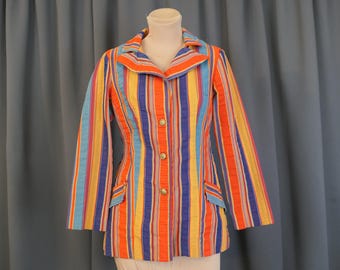 Vintage Bright Striped Plisse Jacket, Women's Tailored 1970s, 36 bust