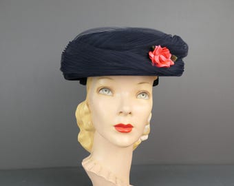 Vintage Navy Hat With Wide Brim and Dramatic Organza Loops 