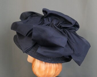 Vintage Navy Hat With Wide Brim and Dramatic Organza Loops 