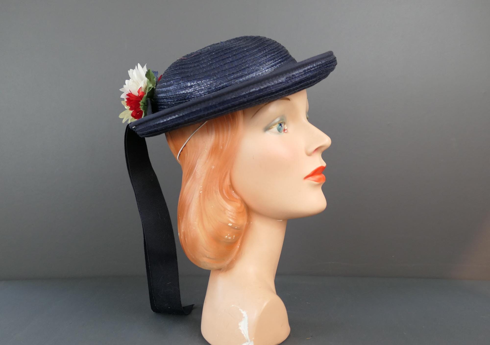 Vintage Straw Hat With Navy Ribbon - Etsy