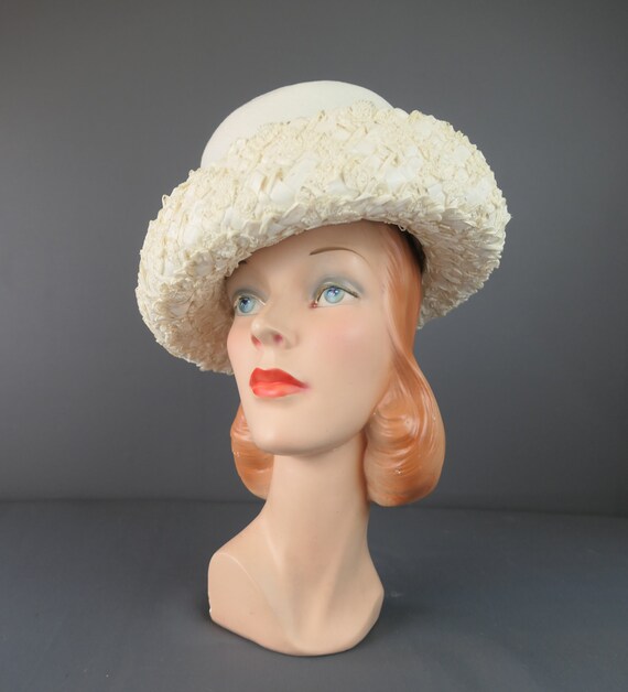 Vintage Ivory Straw & Fabric Hat with Curled Brim… - image 3