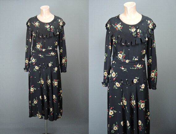 Vintage 1930s Black Floral Dress Rayon, fits 36 in