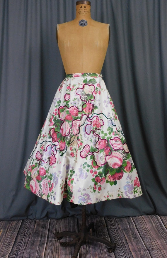 Vintage 1950s Full Skirt, Pink Lavender Flowers, … - image 2