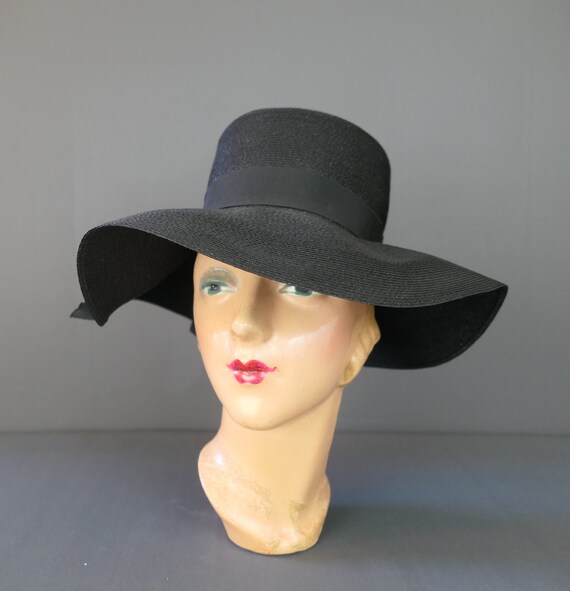 Vintage Black Straw Hat with Wide Soft Brim, 1960… - image 4
