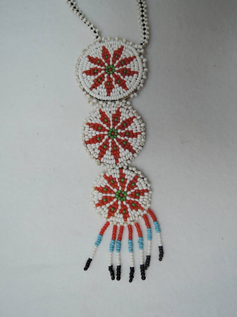 Native American Hand Made Souvenir with leather back Vintage Beaded Necklace