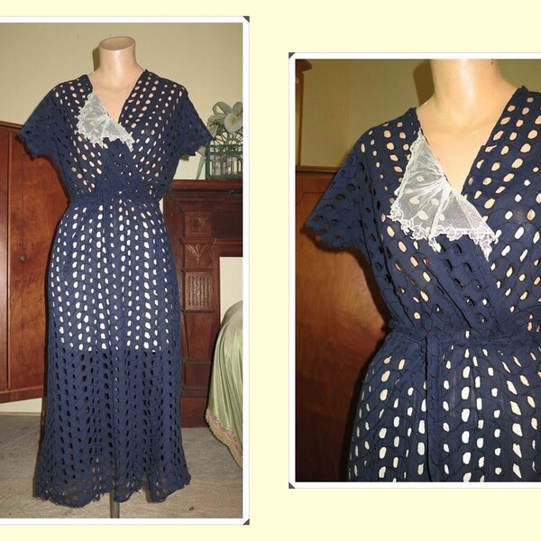 1930s Navy Eyelet Day Dress with Tulle Detail, overlapped bodice, all sheer cotton, fits 37 bust