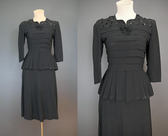 Vintage 1930s Piece Dress Black With Sequins, Buttons Down the