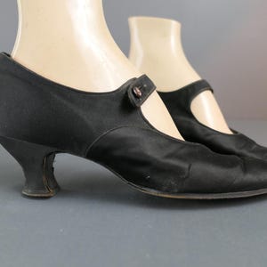 Vintage 1900s Black Silk Satin Shoes, Button Strap Mary Janes, with issues, Antique Edwardian, display only