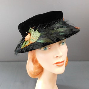 Vintage Black Velvet 1940s Hat with Black, Orange & Green Feathers, 21 inch head