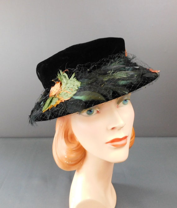 Vintage Black Velvet 1940s Hat with Black, Orange… - image 2