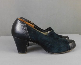 Vintage 1930s Black Leather & Suede Pumps, US size 4 Shoes