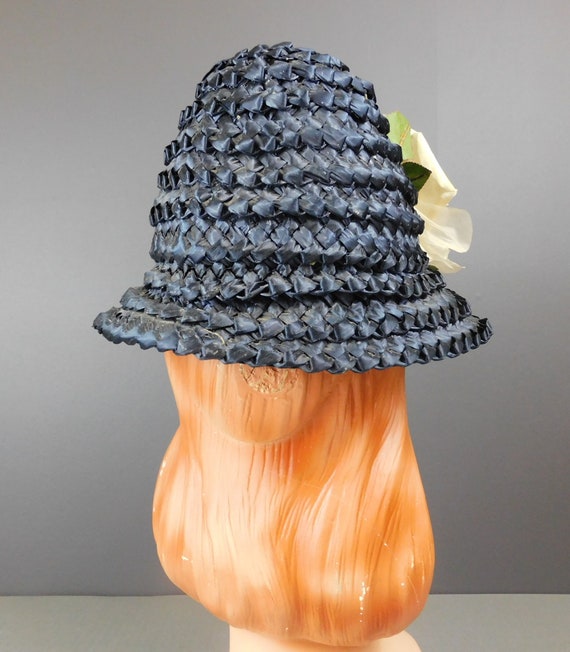 Vintage Tall Dark Blue Straw Hat with Ivory Flowe… - image 7