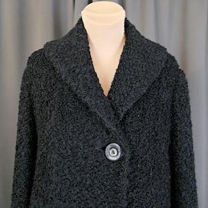 Vintage Black Curly Fake Fur Coat, 1950s Kerrybrooke, 40 bust, midlength, heavy weight