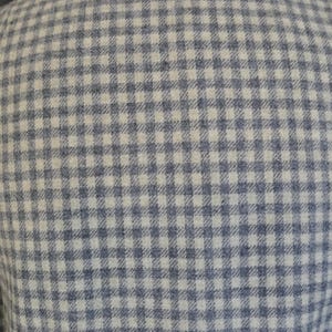 May include: Close-up of a jacket with a blue and white checkered pattern. The fabric has a textured appearance, and the pattern is evenly distributed across the garment. The jacket appears to be made of a woven material.