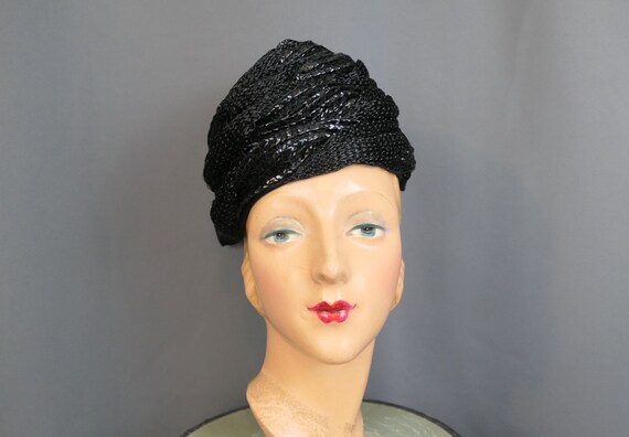 Vintage Black Shiny Hat Straw & Raffia with Satin… - image 2