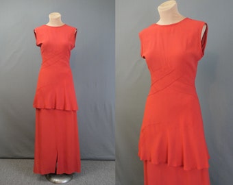 Vintage 1940s Red Crepe Gown, Wide Peplum and Back Buttons, fits 34 inch bust, issues