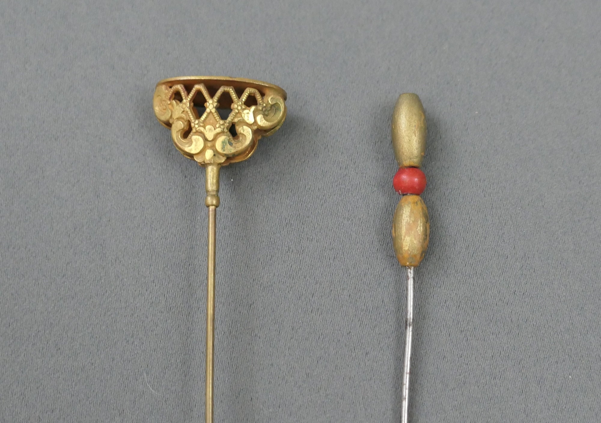 2 Antique Hat Pins Edwardian 1900s, Metal & Painted Wood  display picture 2