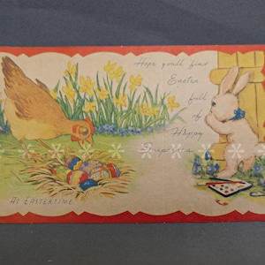 Tarjeta de felicitación de Pascua vintage de la década de 1930, troquelada, sin usar, sin doblar, A-Meri-Card, Conejo y Pollo