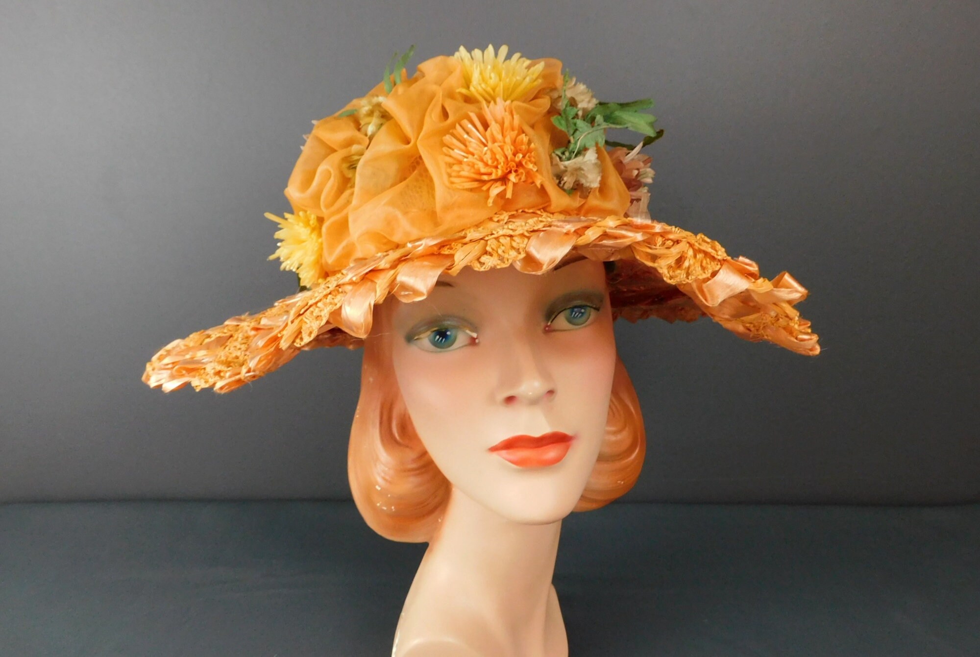 Vintage Peach Floral Wide Brim Hat, 1960s Straw & Chiffon  display picture 1