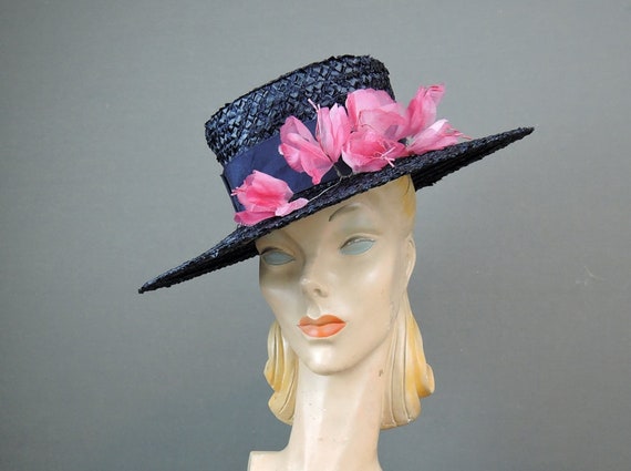 Vintage Navy Straw Hat Floral Wide Brim Pink Flowers 20 21 | Etsy