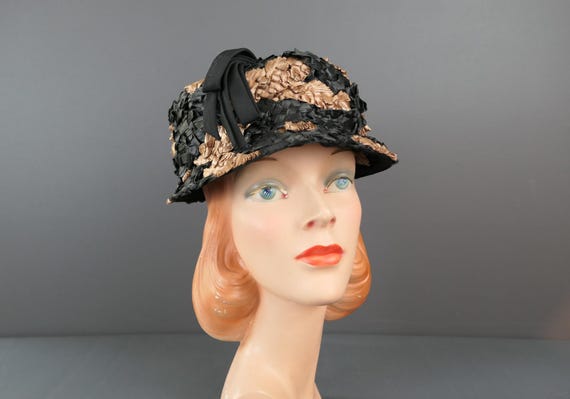 Vintage Black and Brown Straw Raffia Hat, 1960s With Ribbon  display picture 3