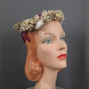Vintage Tiny Flowers Hat with Dark Pink Bow and Netting 1960s