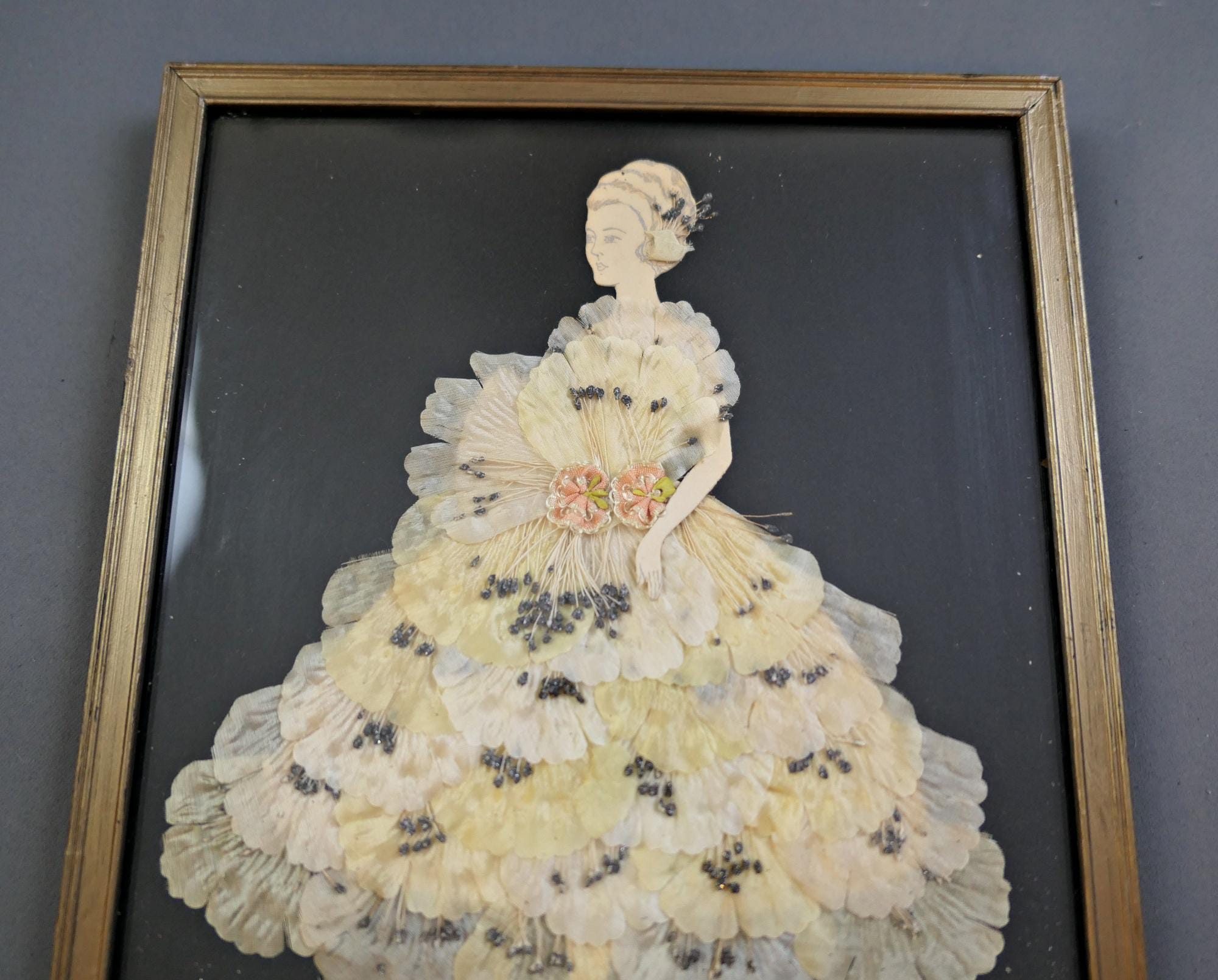 Vintage Ribbon Art Paper Doll 1930s Lady, Glitter Flowers Petals