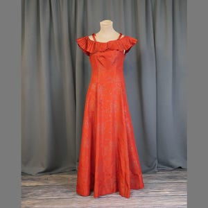 Vintage Red & Gold Formal Gown 1940s Off Shoulder, Full Skirt, 34 bust, Stenciled Flowers, Pleated Neckline