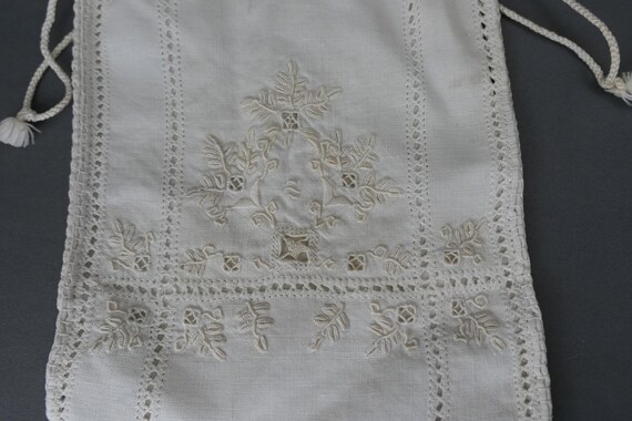Antique Embroidered Linen Bag with Drawstring, Ed… - image 7