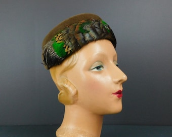 Vintage Brown Velour Hat with Brown & Green Feathers, 1950s, by Doris