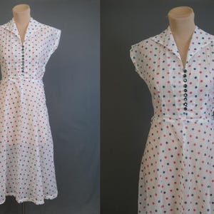 Vintage Sheer Polka Dots 1950s Dress, A-line Skirt, 34 bust, White, Pink & Grey Summer
