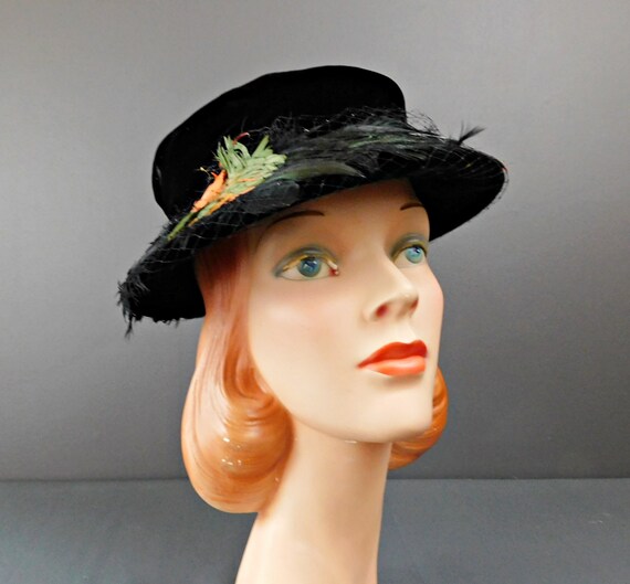 Vintage Black Velvet 1940s Hat with Black, Orange… - image 3