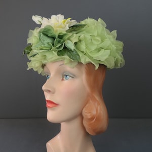 Vintage Light Green Floral Hat with White Rose 1960s, 21 inch head