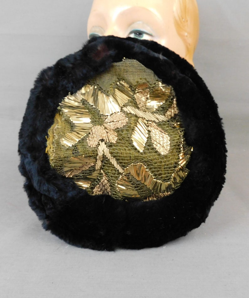 Vintage 1920s Fur and Gold Embroidered Lace Hat Carson Pirie & Scott, AS IS image 8