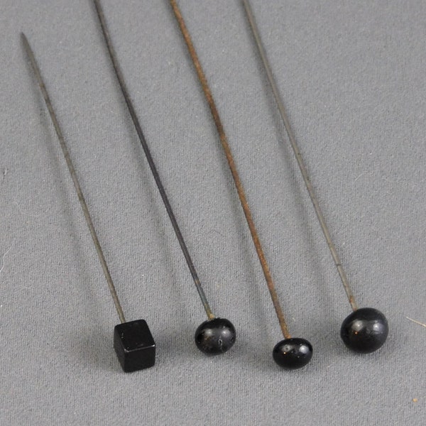 4 Vintage Black Glass Hat Pins, 3 to 7 inches long, 1920s 1930s