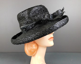 Vintage Wide Brim Black Straw Hat 1950s Parke Layne, 21 inch head