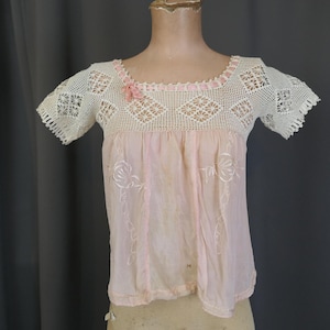 Vintage 1920s Silk Lingerie Top with Crochet Lace, XS 28 inch bust, Ribbon & Embroidery, issues