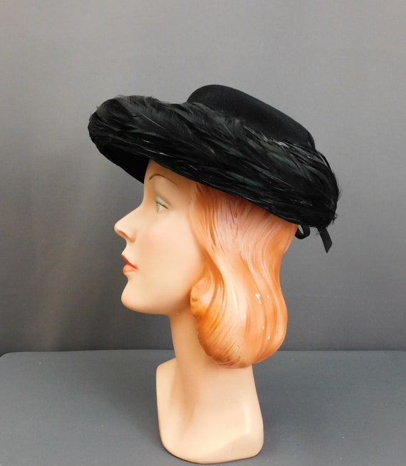 Vintage 1940s Black Feather Hat Felt, New York Cr… - image 3