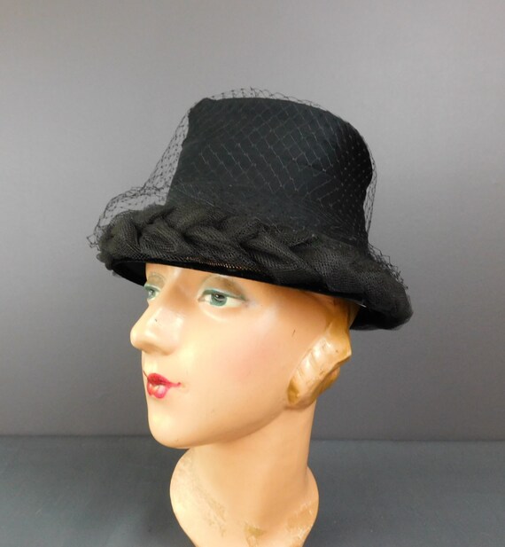 Vintage Black Chiffon and Braided Tulle Hat, 1960… - image 7