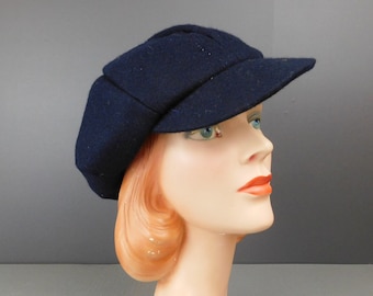 Vintage Black Felt Hat with Brim, oversized Seamed Cap, 22 to 24 inch head