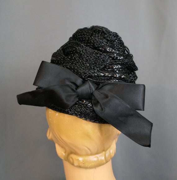 Vintage Black Shiny Hat Straw & Raffia with Satin… - image 6