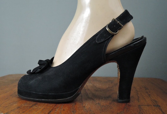 Vintage 1940s Platform Shoes Black Suede Peep Toes