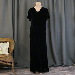 Long Black Velvet 1930s Gown, DAMAGED, 34 bust Evening Dress