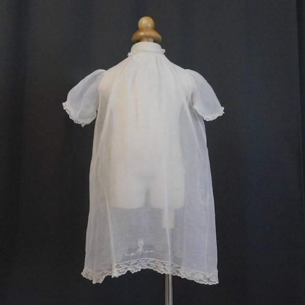 Vintage Sheer Cotton Baby Infant Gown, 1930s, 19 inches long, 24 inch chest, all hand sewn, embroidered bows, large doll
