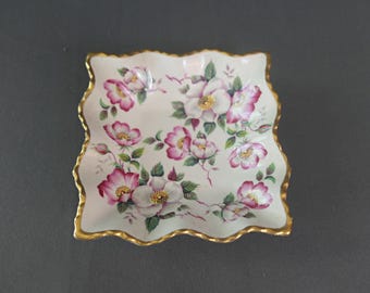 Vintage gammal Foley prydnadsfat: Vildros, rosa blommor och guld, 1950-talet