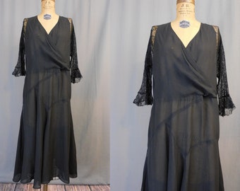 Vintage 1920s Black Chiffon and Lace Dress, fits 38 inch bust, some issues