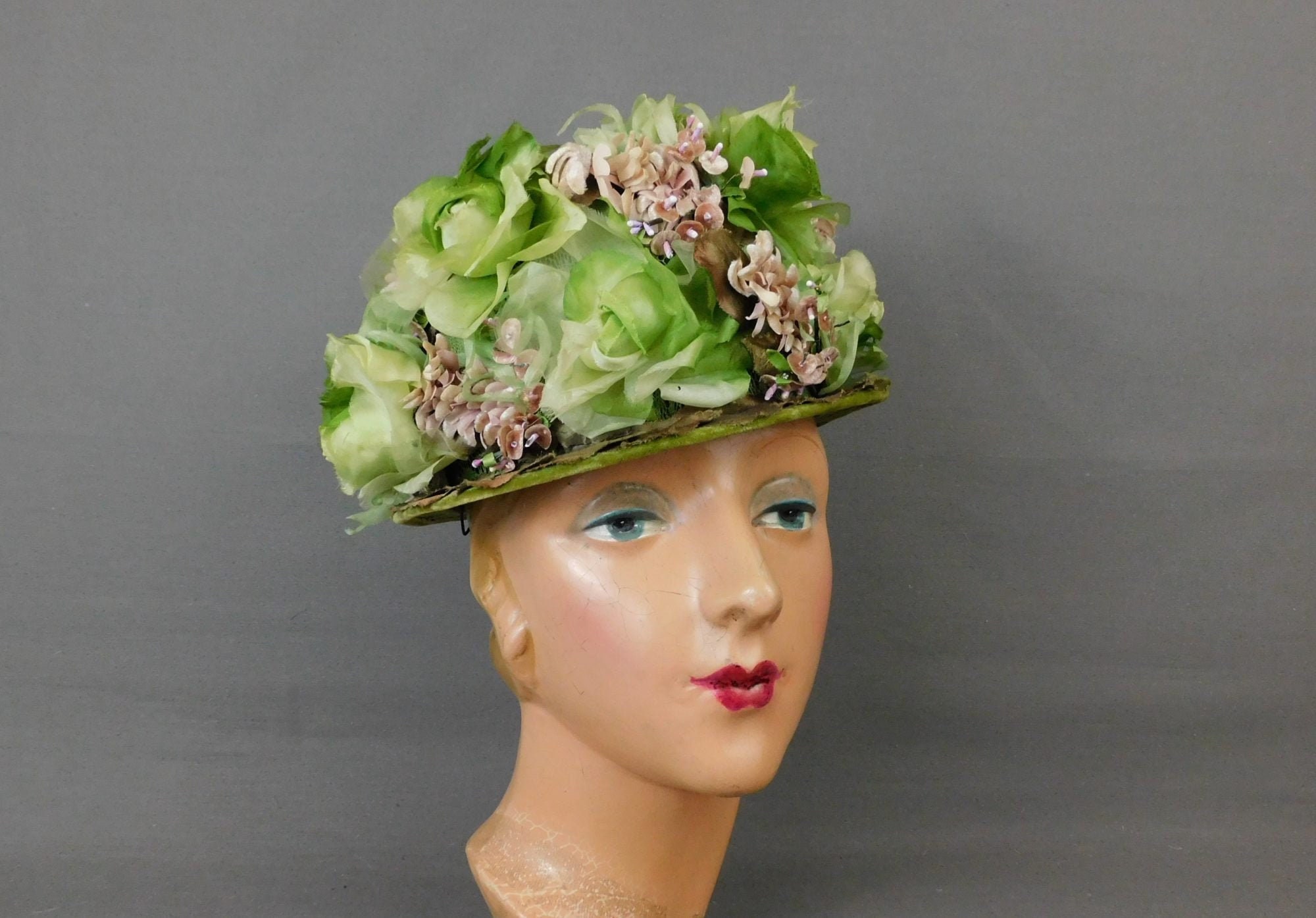 Vintage Green and Taupe Floral Hat, Tall 1960s Flowers by Linda