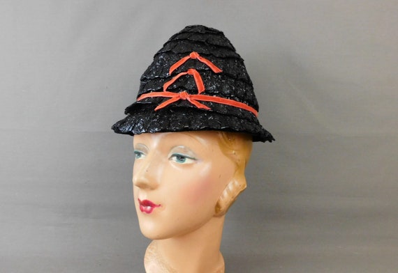 Vintage Black Straw Hat With Red Bows and Trim, 1960s, 21  display picture 1