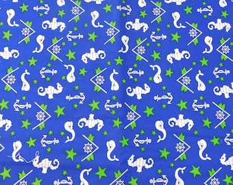 Vintage Nautical Novelty Print Fabric, Anchors, Seahorses & Whales, Cotton 2-5/8 yards